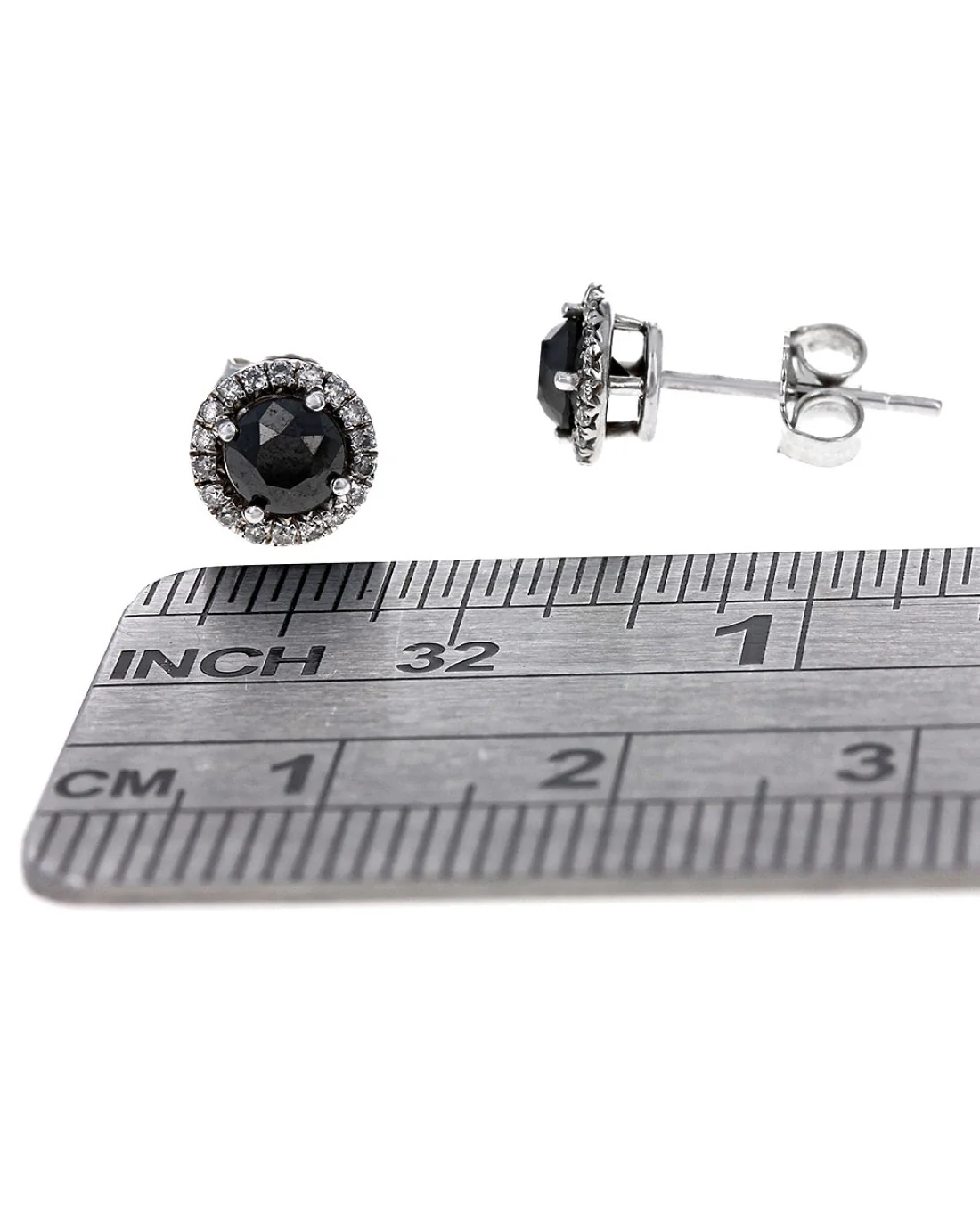 Black Diamond Halo Stud Earrings in White Gold - Image 2