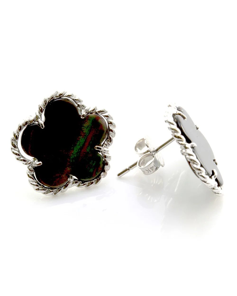 Black Mother of Pearl Clover Button Earrings with Rope Details in 14K White Gold - Image 3