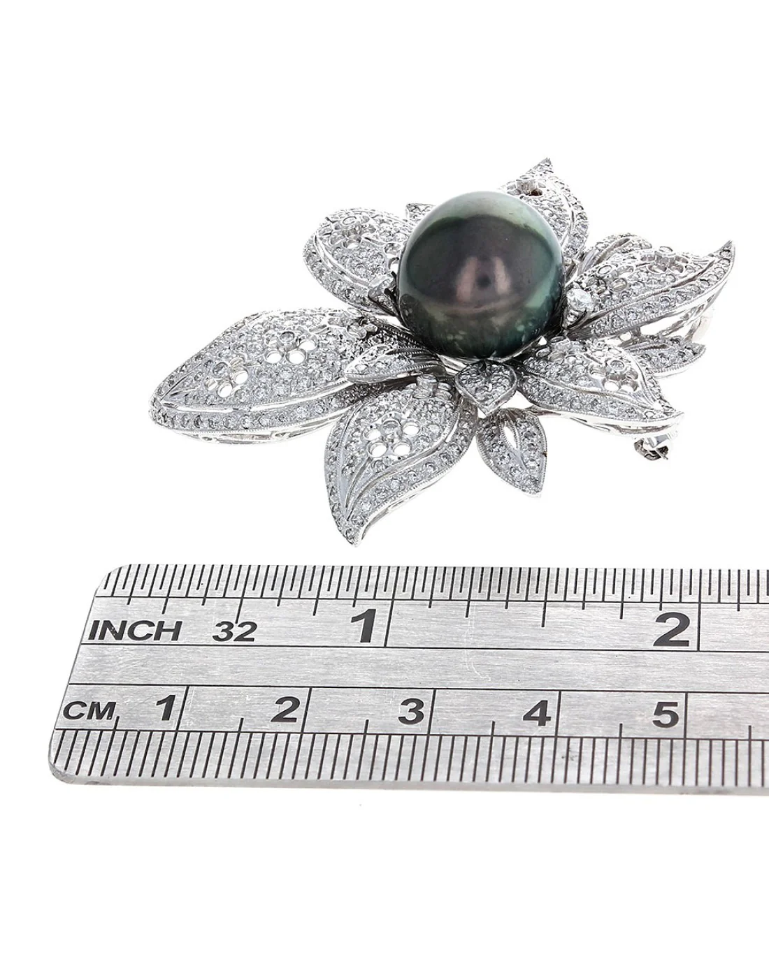 Black South Sea Pearl and Diamond Cut Out Flower Brooch - Image 3