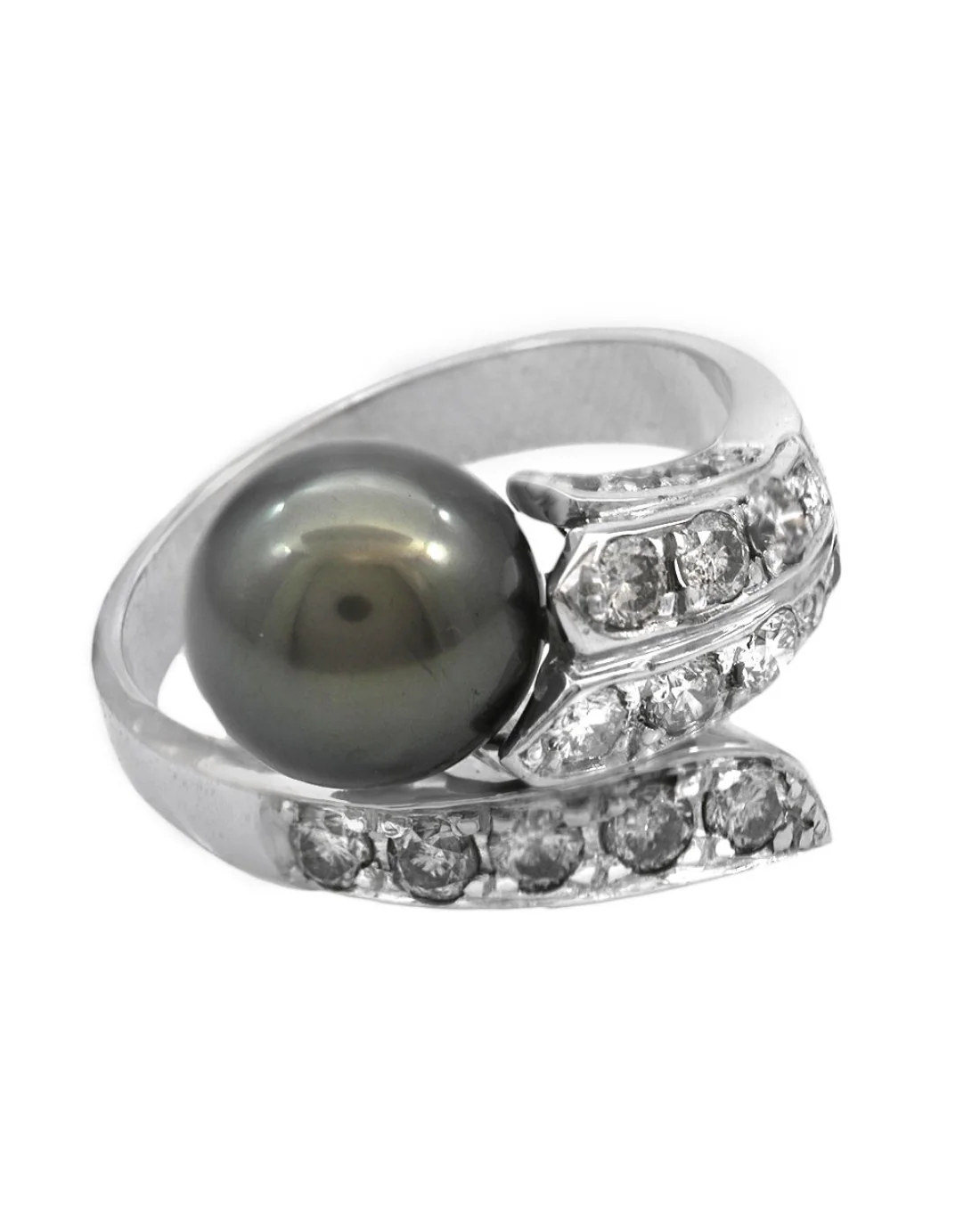 Black Tahitian Pearl and Diamond Bypass Ring in White Gold