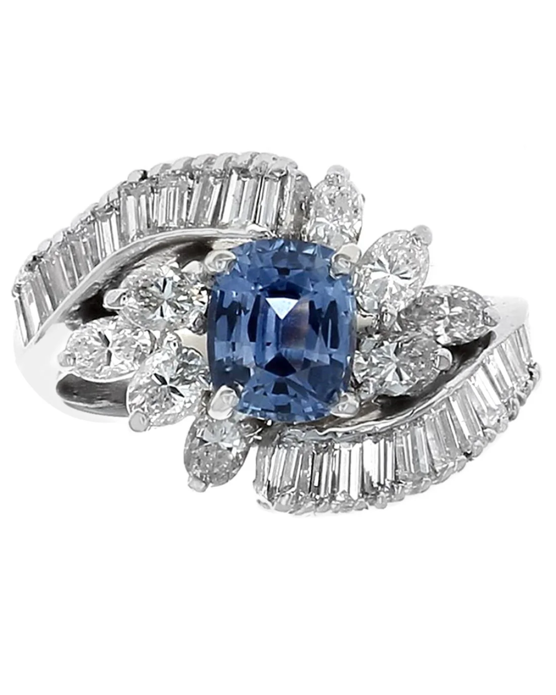 Blue Sapphire and Diamond Cluster Bypass Ring in White Gold - Image 2