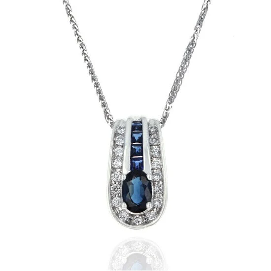 14K White Gold Blue Sapphire and Diamond Drop Necklace