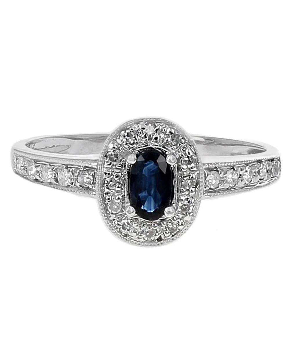 Blue Sapphire and Diamond Halo Ring in White Gold - Image 2