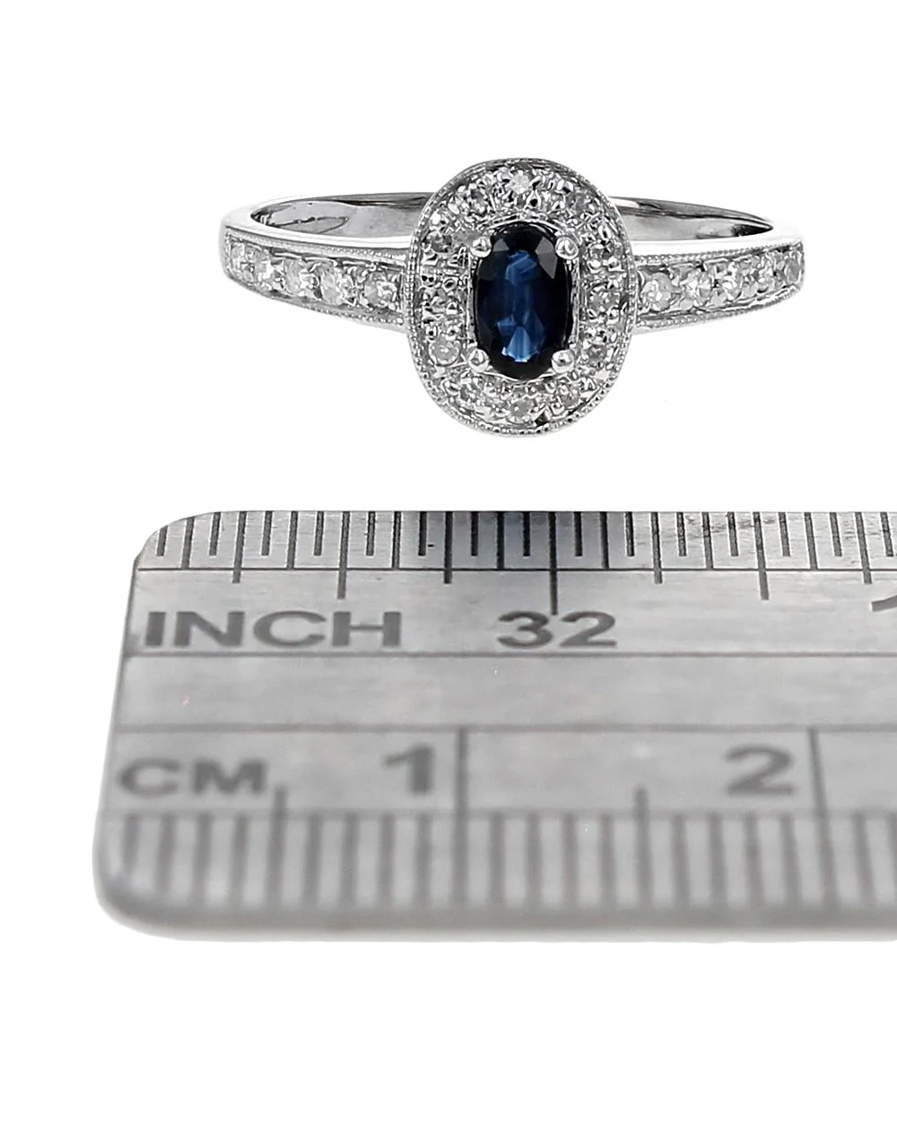 Blue Sapphire and Diamond Halo Ring in White Gold - Image 3