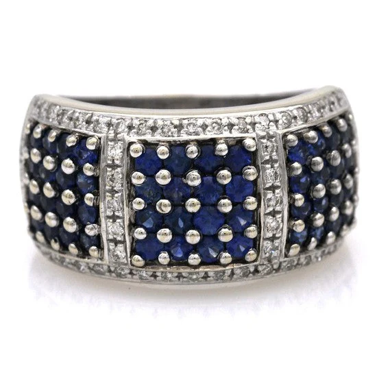 14K White Gold Blue Sapphire and Diamond Pave Wide Band - Image 2