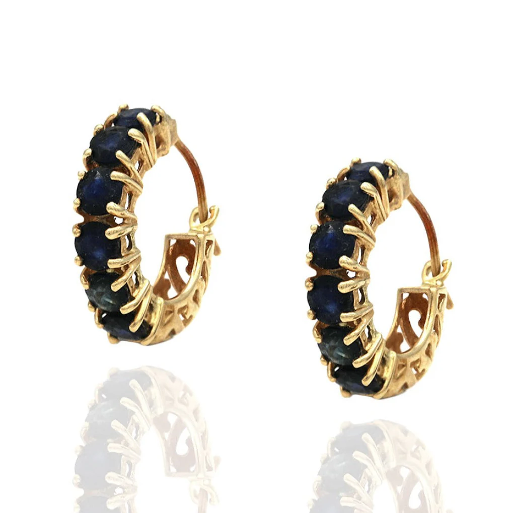 14K Yellow Gold Blue Sapphire Hoop Earrings