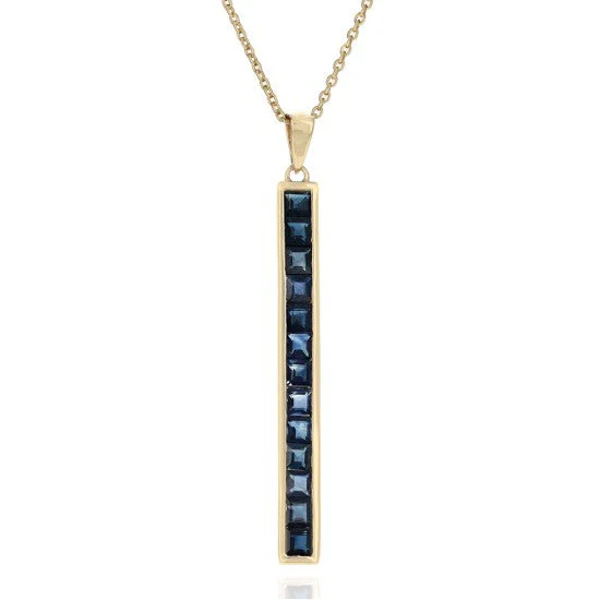 14K Yellow Gold Blue Sapphire Vertical Bar Drop Slider Necklace