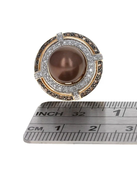 Bronze 10.7mm Pearl Double Halo Ring w/ Topaz & Diamonds 14KY Gold - Image 3