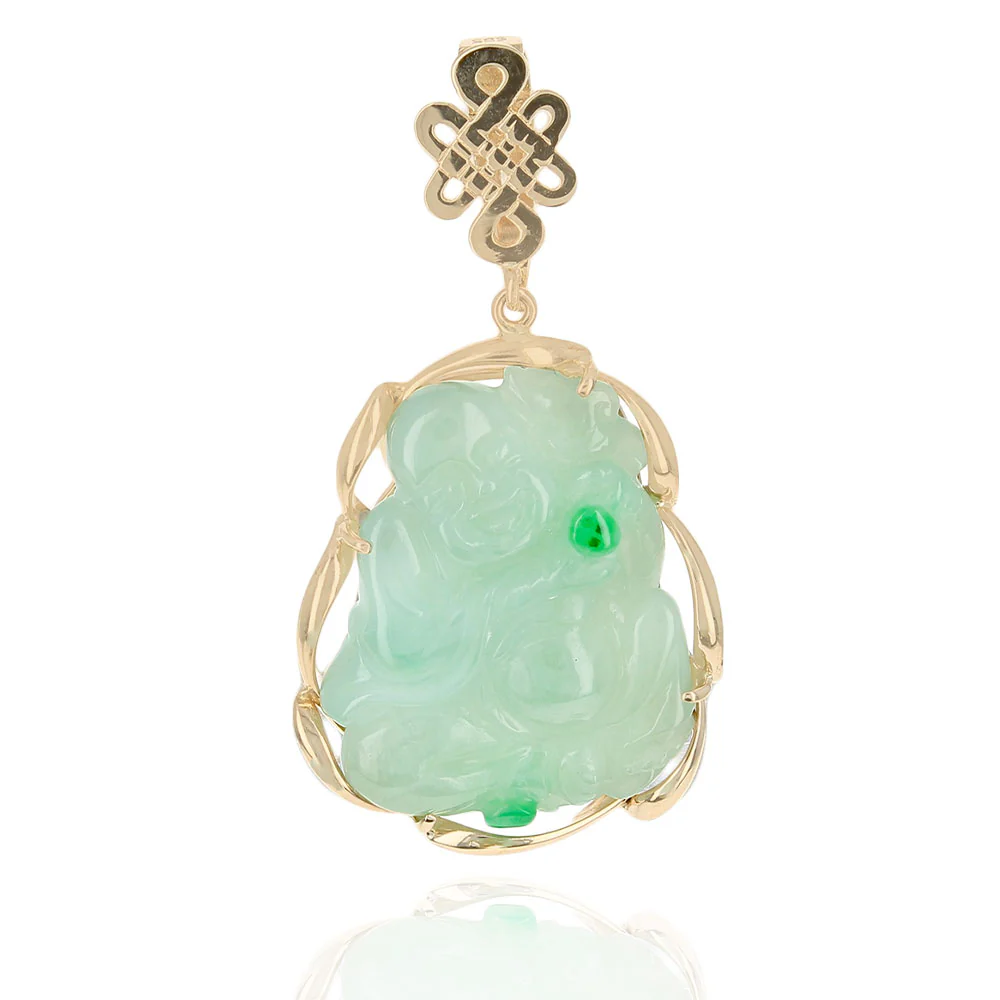 Carved Green Jadeite Laughing Buddha Enhancer Pendant in Yellow Gold