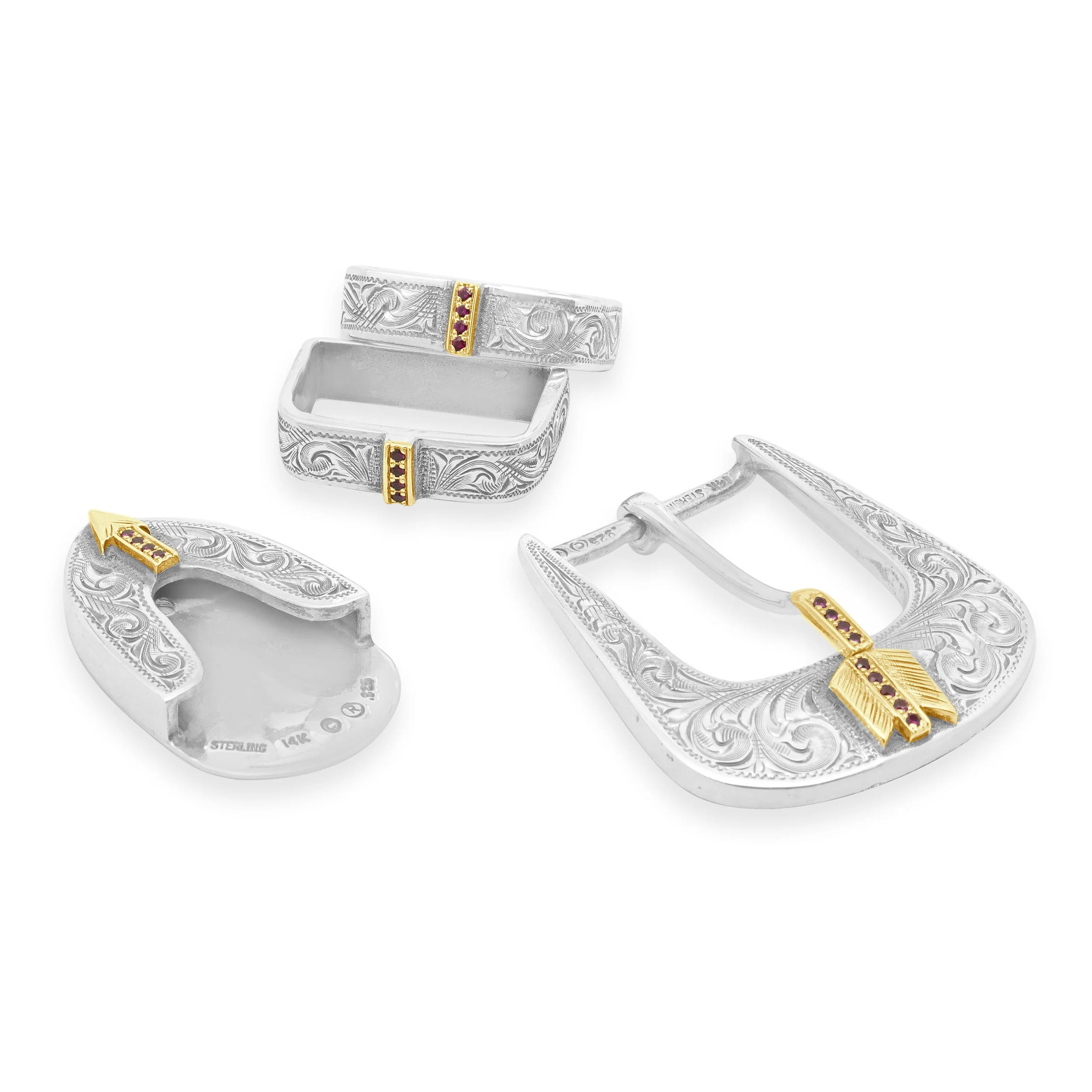 Clint Orms Sterling Silver and 14K Yellow Gold Round Ruby Engraved Belt Set