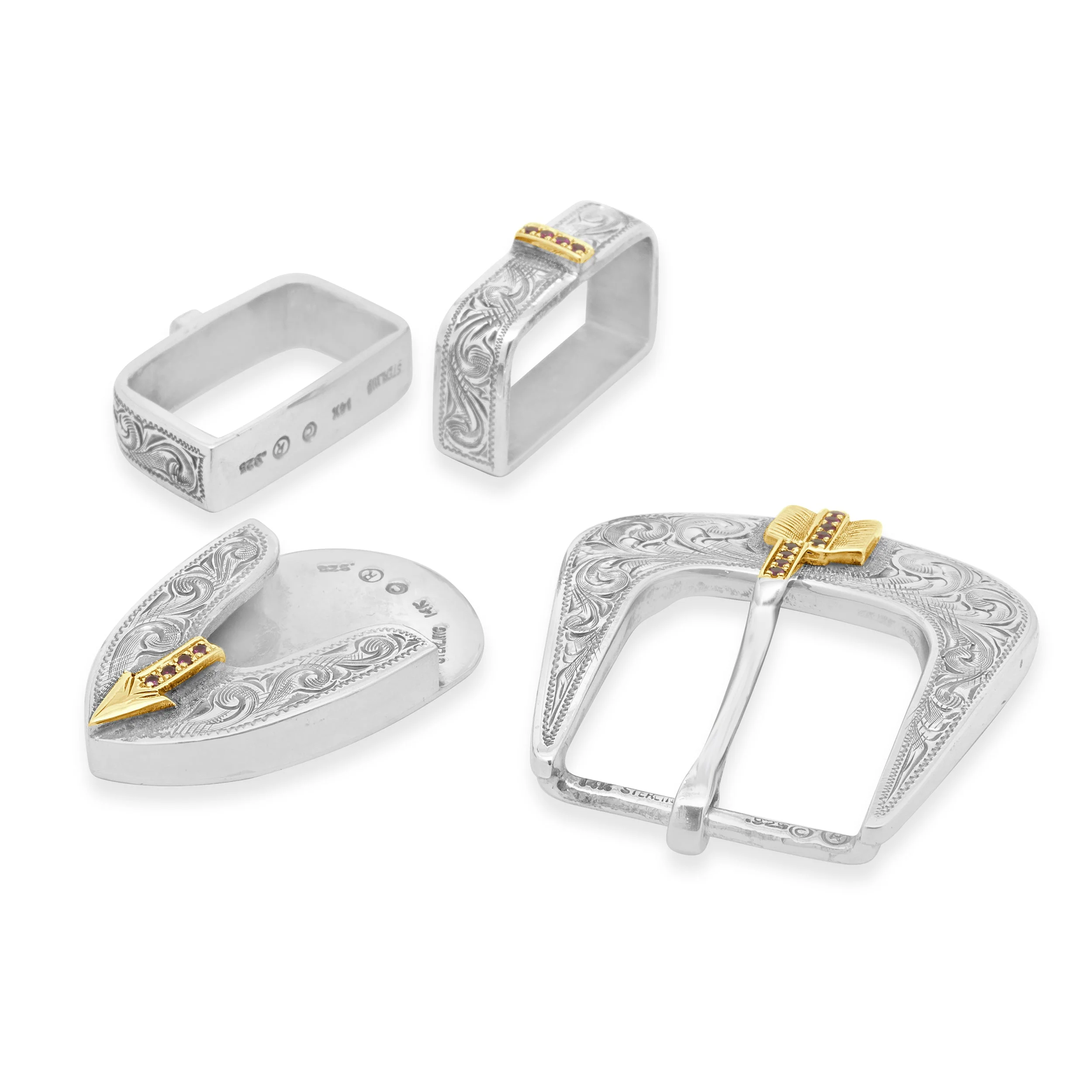 Clint Orms Sterling Silver and 14K Yellow Gold Round Ruby Engraved Belt Set - Image 2