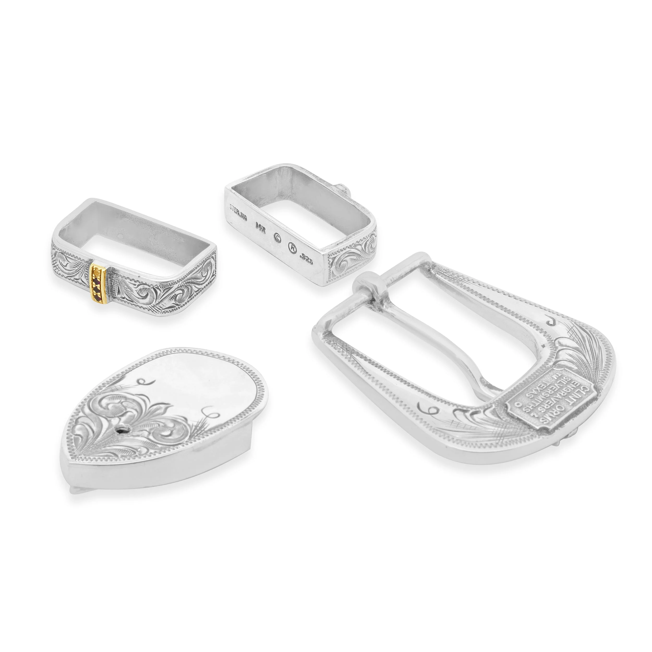 Clint Orms Sterling Silver and 14K Yellow Gold Round Ruby Engraved Belt Set - Image 3