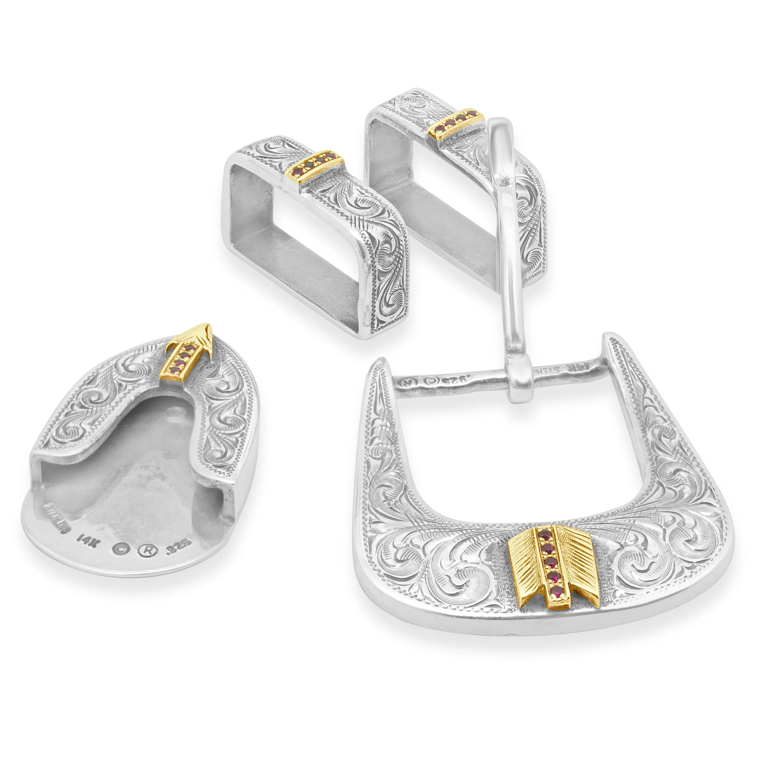 Clint Orms Sterling Silver and 14K Yellow Gold Round Ruby Engraved Belt Set - Image 4