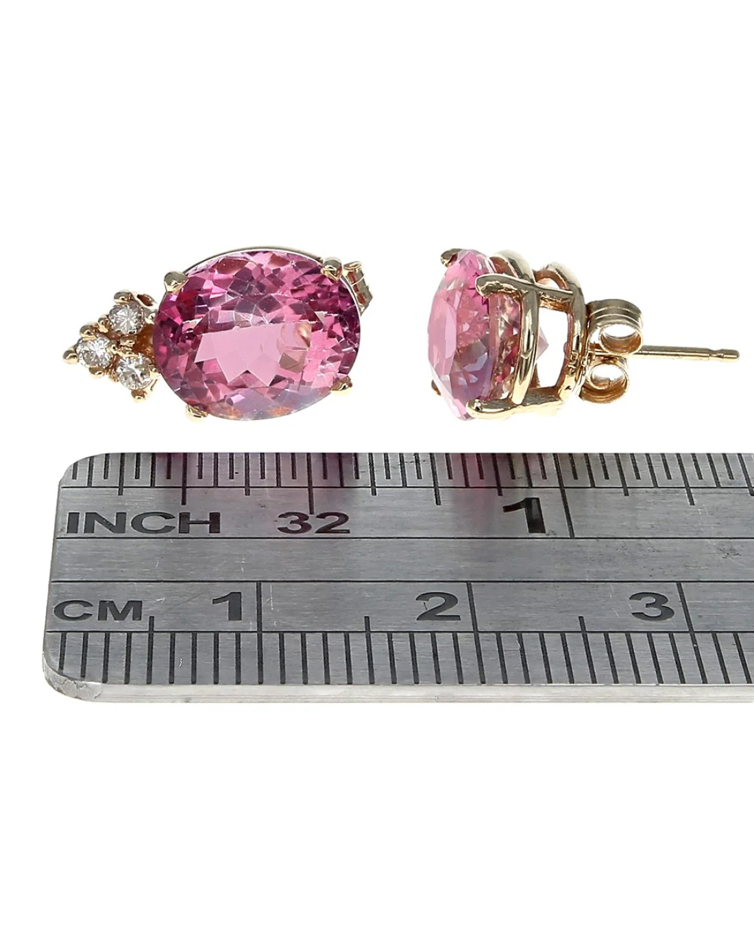 Coated Pink Topaz and Diamond Stud Earrings in Yellow Gold - Image 3