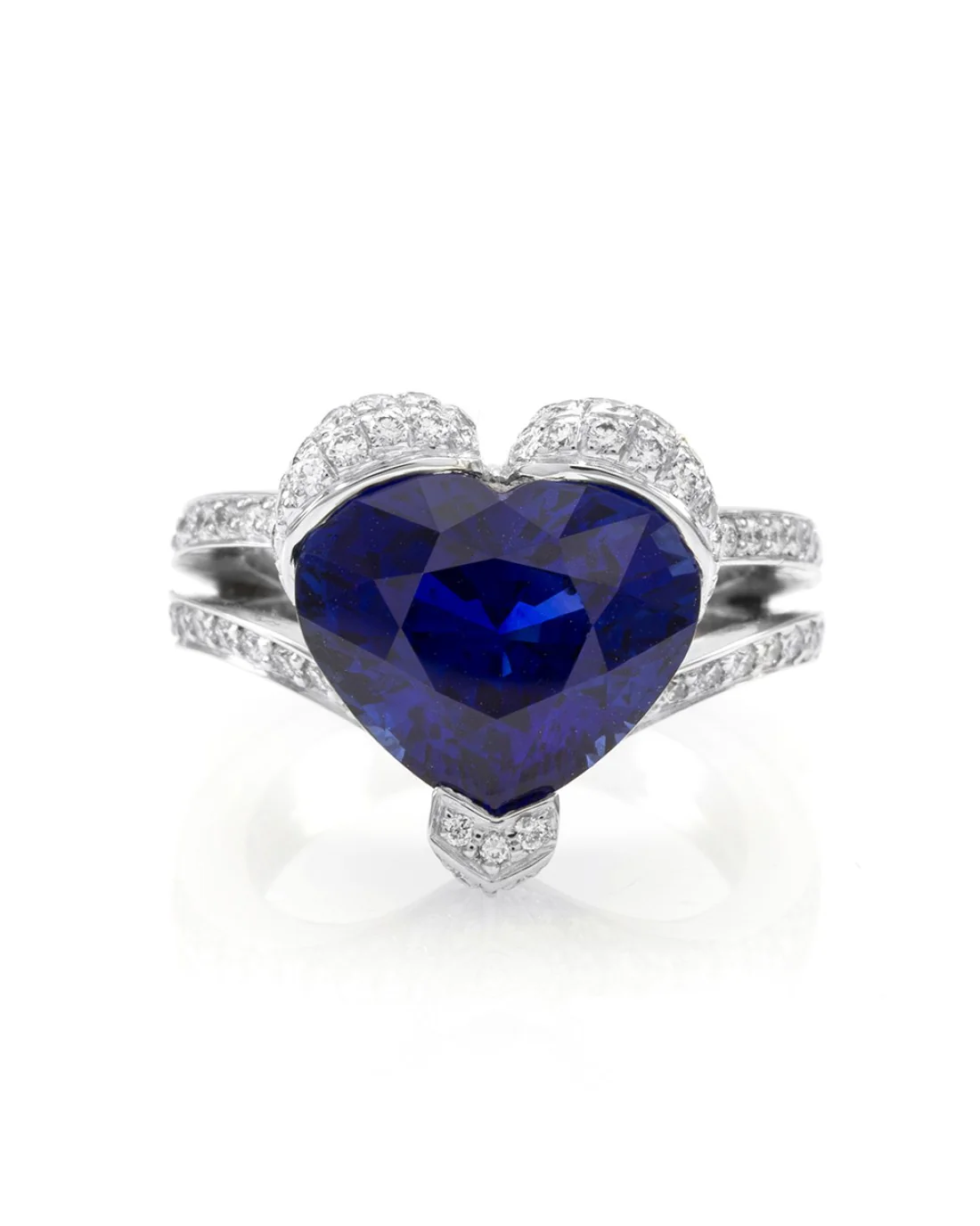 Custom Ceylon Sapphire & Pave Diamond Double Shank Ring in 18K White Gold - Image 2