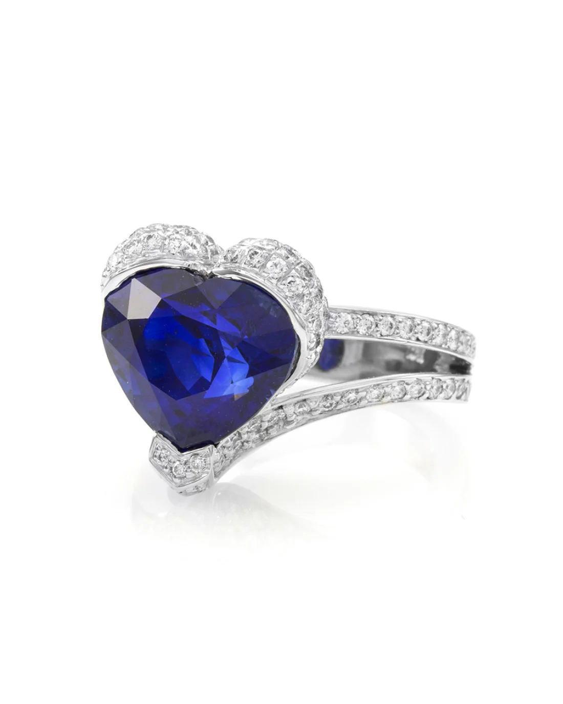 Custom Ceylon Sapphire & Pave Diamond Double Shank Ring in 18K White Gold - Image 3