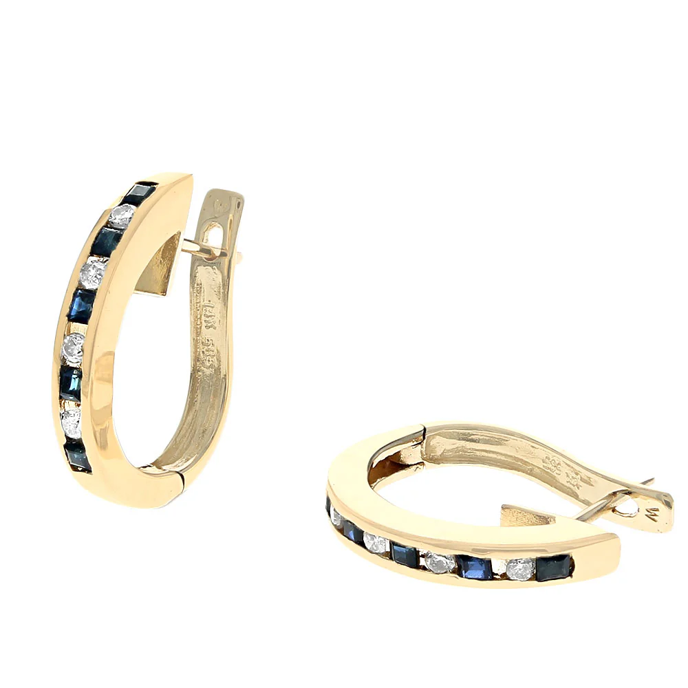 Dark Blue Australian Sapphire and Diamond Elongated Hoop Earrings in Yellow Gold - Image 2