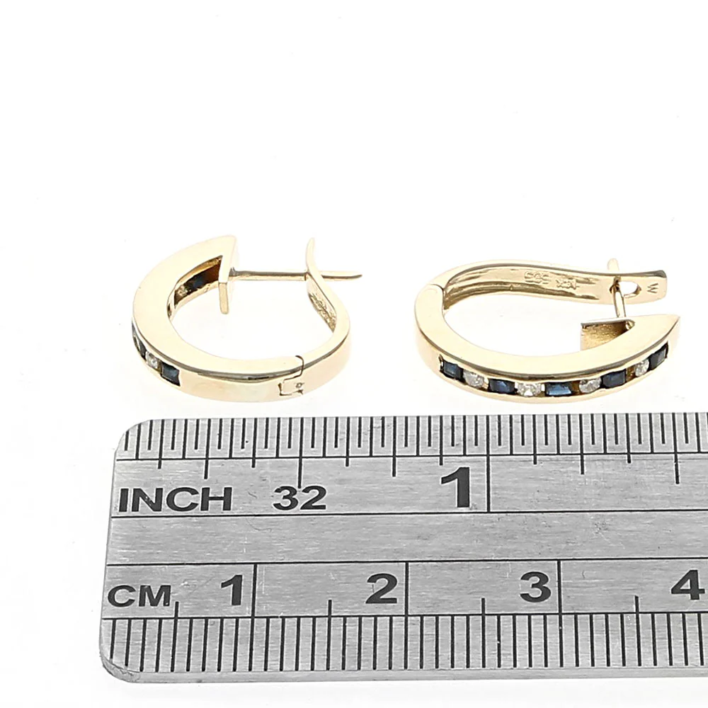 Dark Blue Australian Sapphire and Diamond Elongated Hoop Earrings in Yellow Gold - Image 3