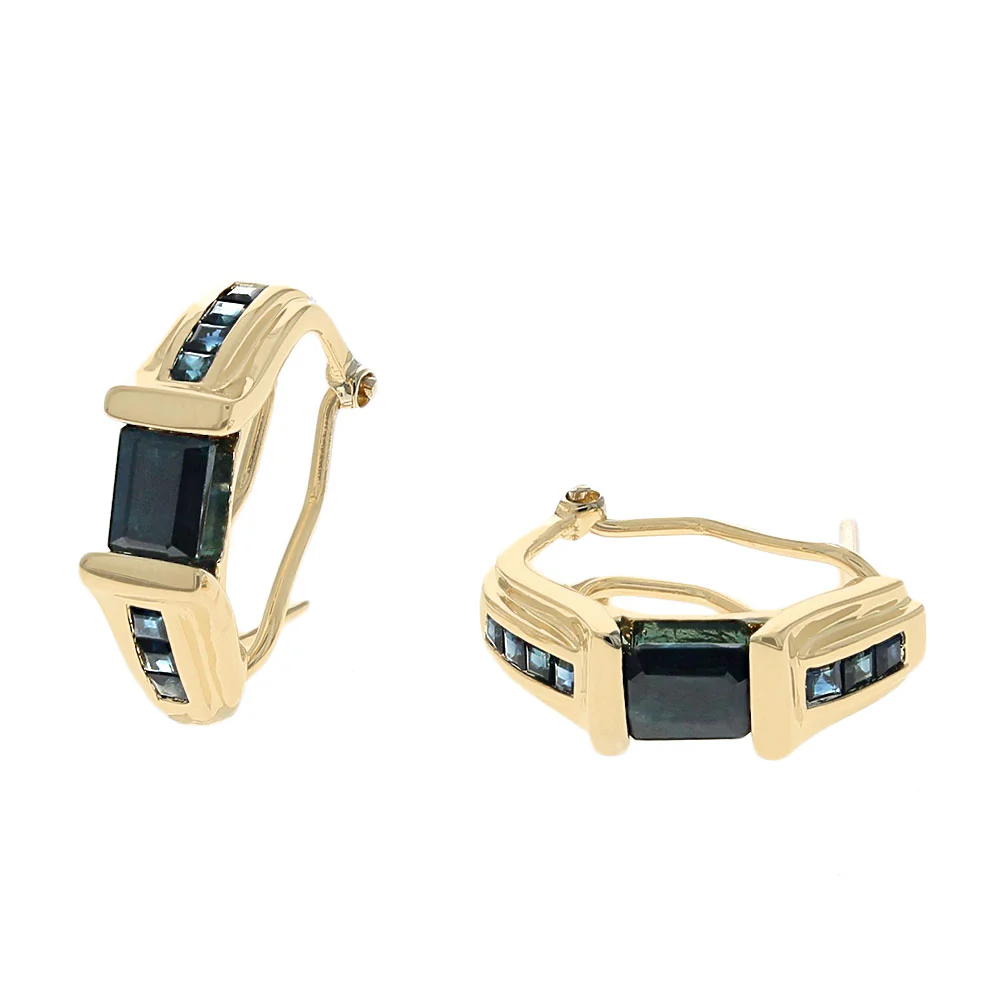 Dark Blue Australian Sapphire J Curve Earrings in Yellow Gold - Image 2