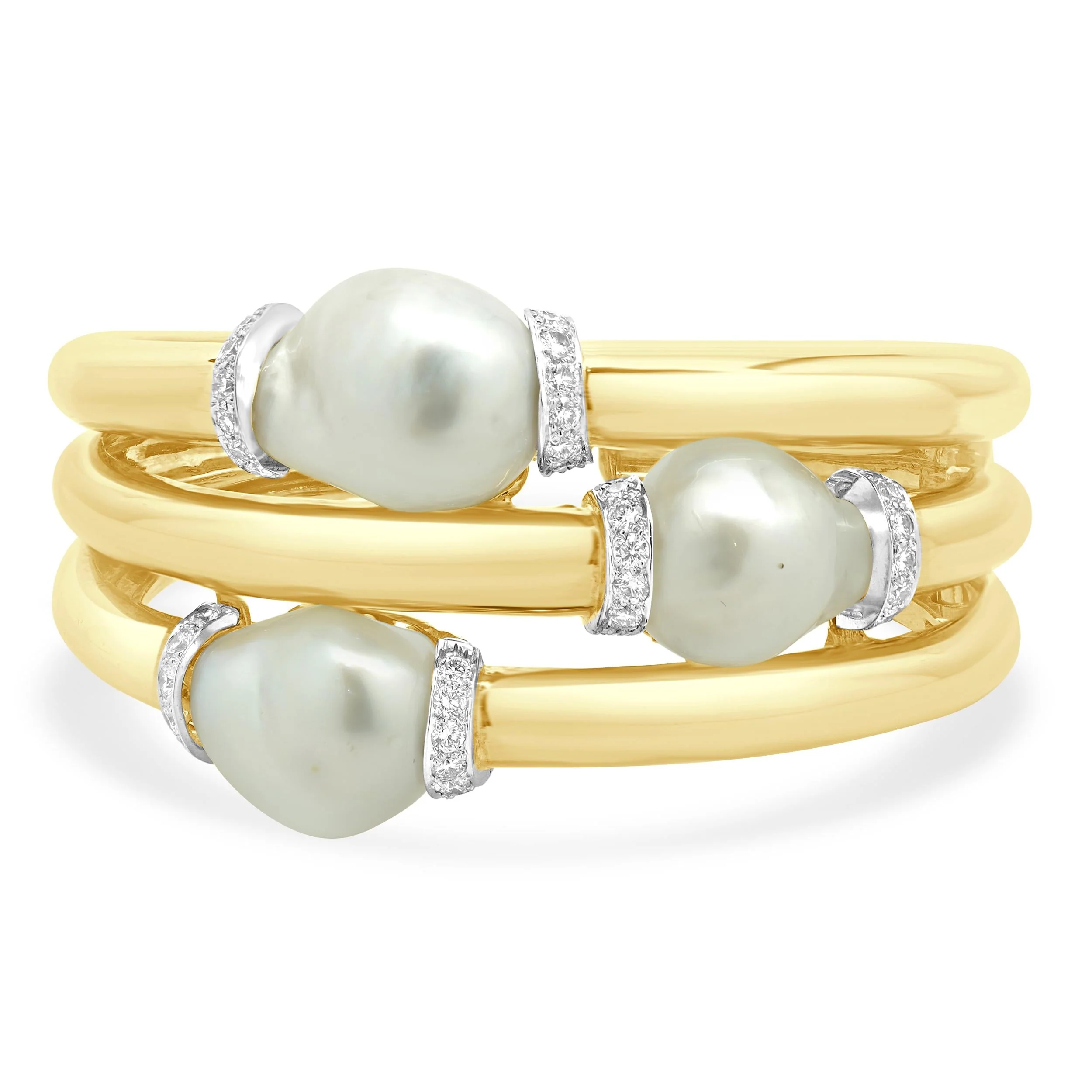 David Webb 18K Yellow Gold & Platinum Baroque Pearl and Diamond Hinged Cuff Bracelet