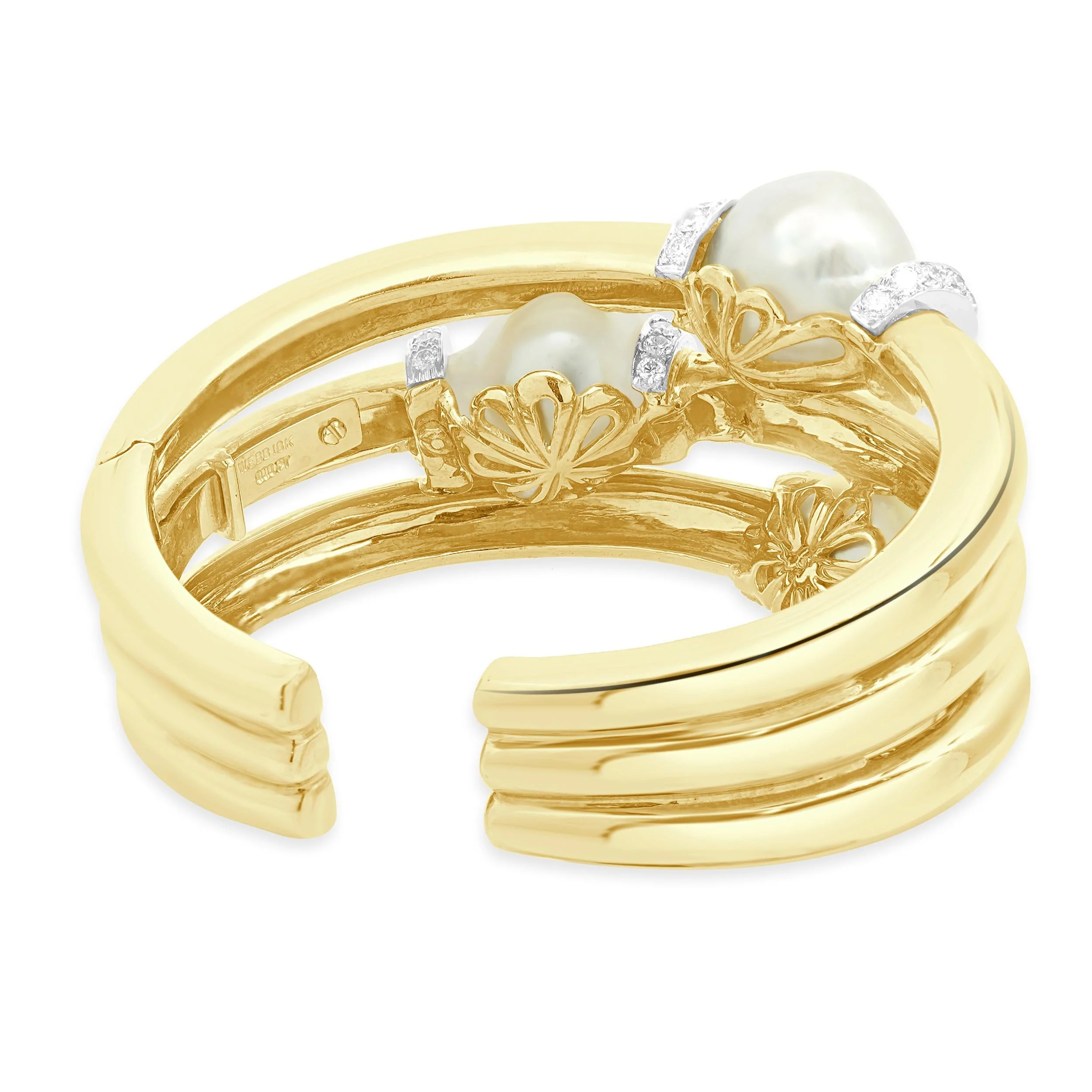 David Webb 18K Yellow Gold & Platinum Baroque Pearl and Diamond Hinged Cuff Bracelet - Image 4