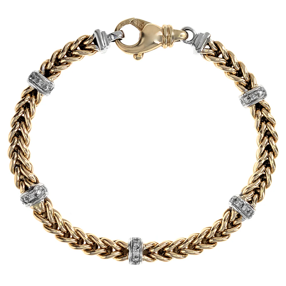 David Yurman 14K Two-Tone Yellow and White Gold Round Diamond Station Wheat Chain Bracelet