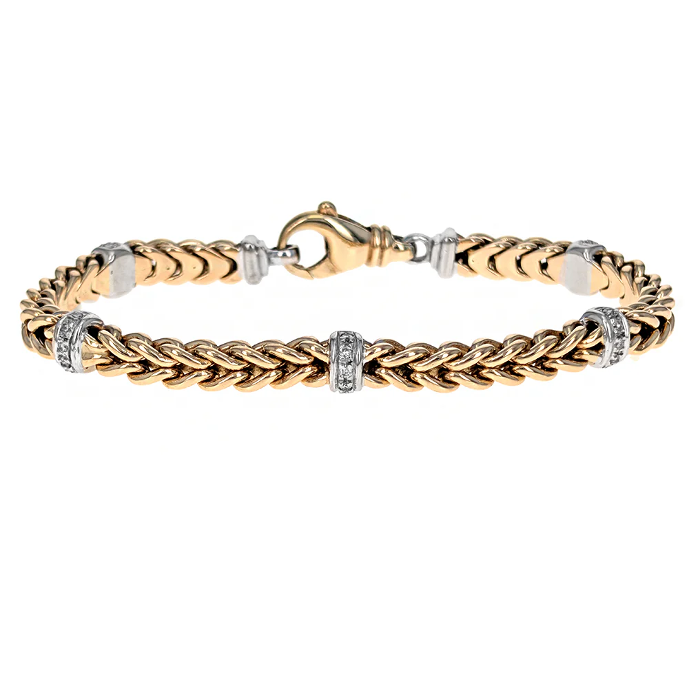 David Yurman 14K Two-Tone Yellow and White Gold Round Diamond Station Wheat Chain Bracelet - Image 2