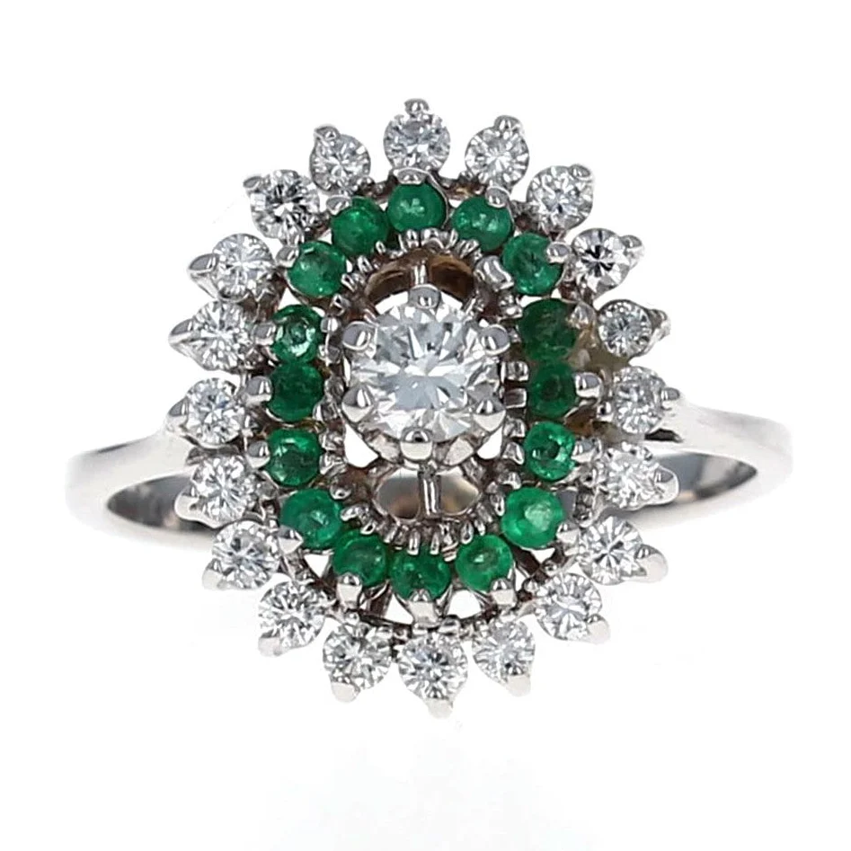 14K White Gold Diamond and Emerald Double Halo Ring - Image 2