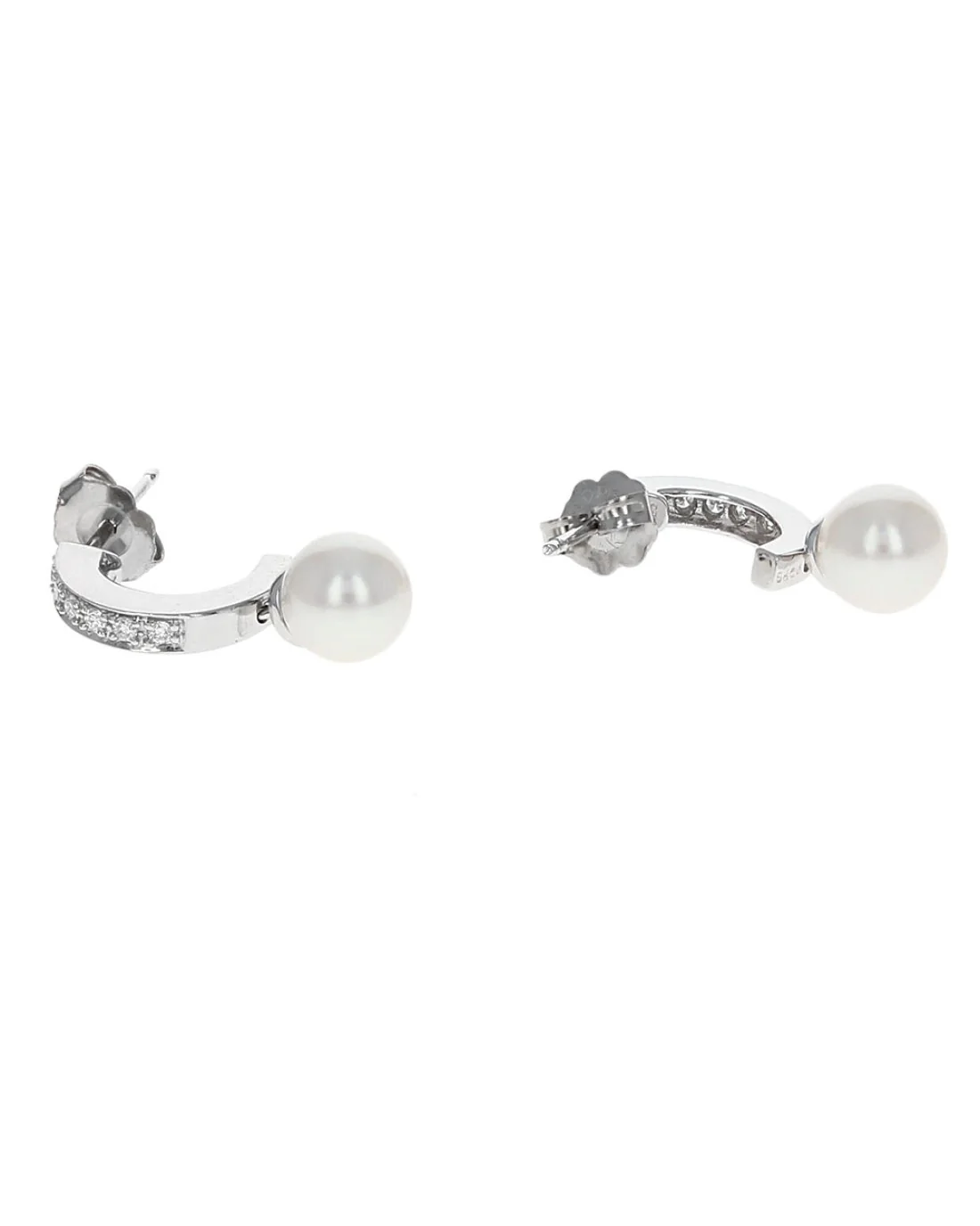 Diamond and Pearl Drop Half Hoop Earrings in White Gold - Image 2