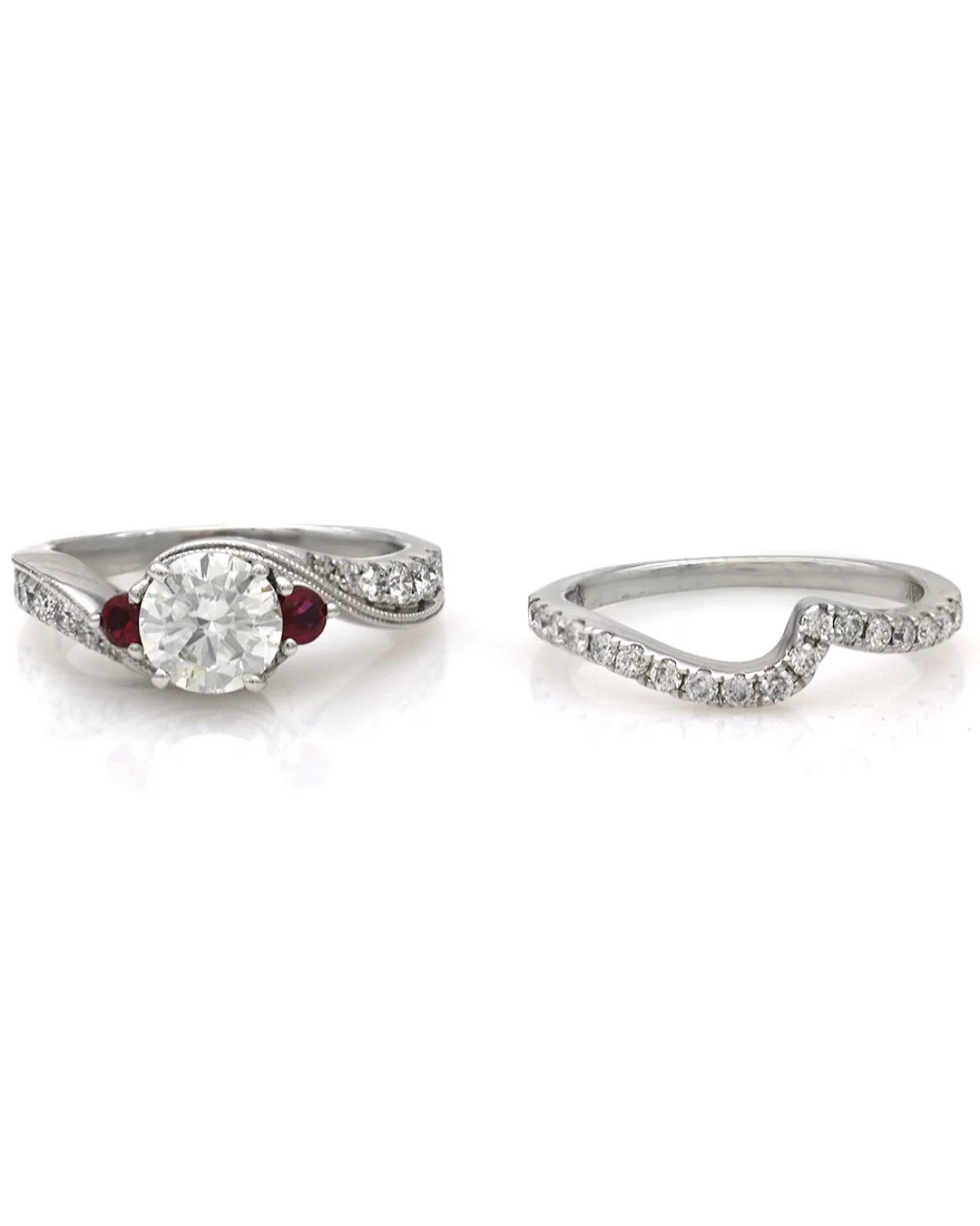 Diamond and Ruby Bypass Engagement Ring with Diamond Wedding Guard - Image 2