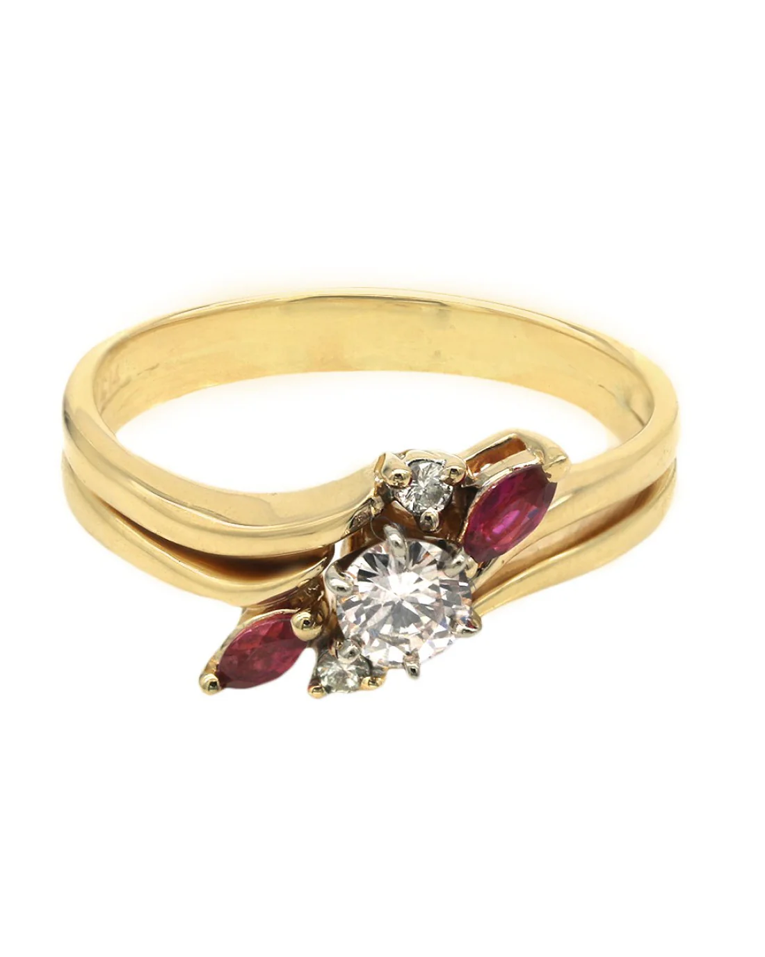 Diamond and Ruby Split Shank Bypass Ring in Yellow Gold - Image 2