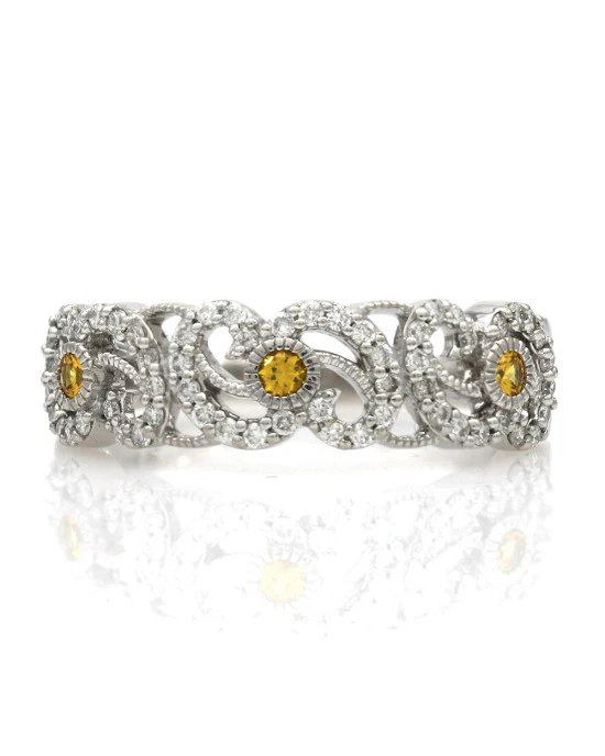 Diamond and Synthetic Yellow Sapphire Open Scroll Ring - Image 2