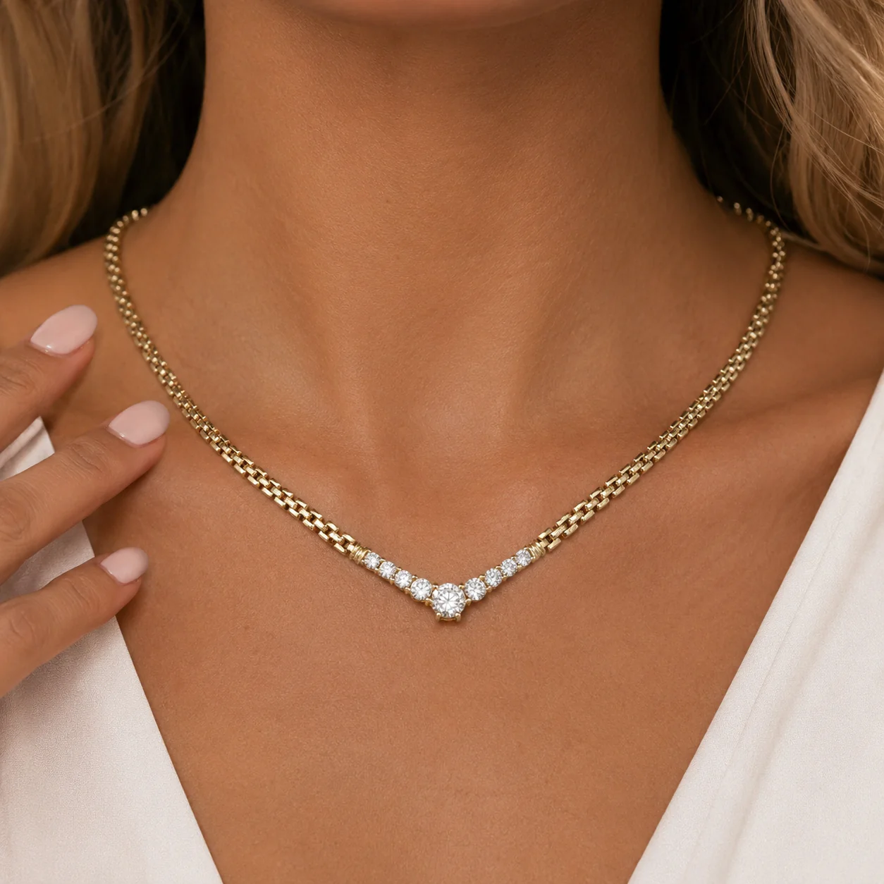 18K Yellow Gold Diamond Chevron Station Panther Link Necklace - Image 3