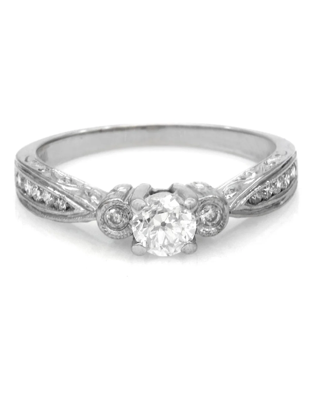Diamond Engagement Ring with Scroll and Milgrain Accent in White Gold - Image 2