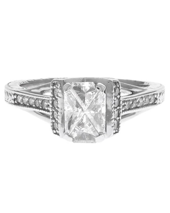 Diamond Etched Milgrain Engagement Ring in White Gold - Image 2