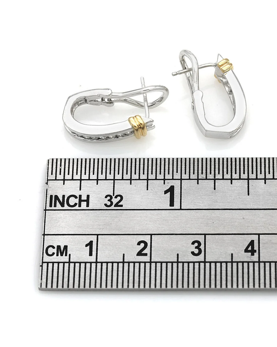 Diamond Fluted Accent Half Hoop Earrings in White and Yellow Gold - Image 3