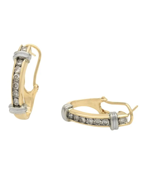 Diamond Fluted Accent 'J' Hoop Earrings in White and Yellow Gold - Image 2