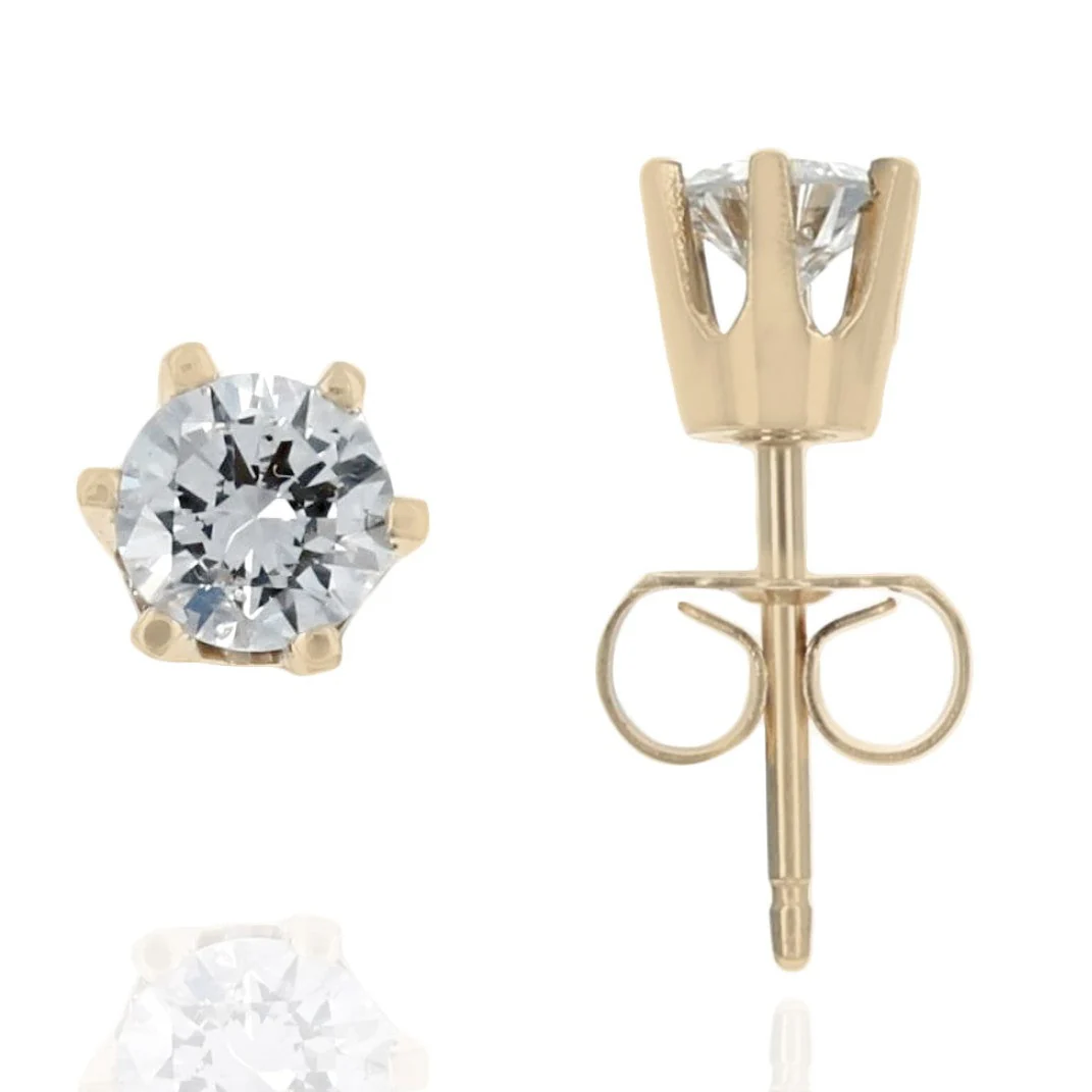 14K Yellow Gold Round Diamond Stud Earrings