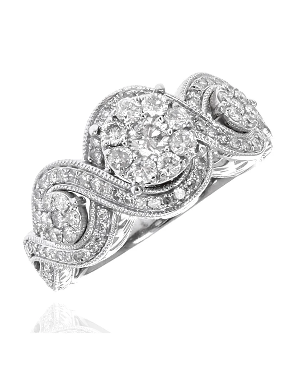 Diamond Triple Cluster Crossover Milgrain Engagement Ring in White Gold