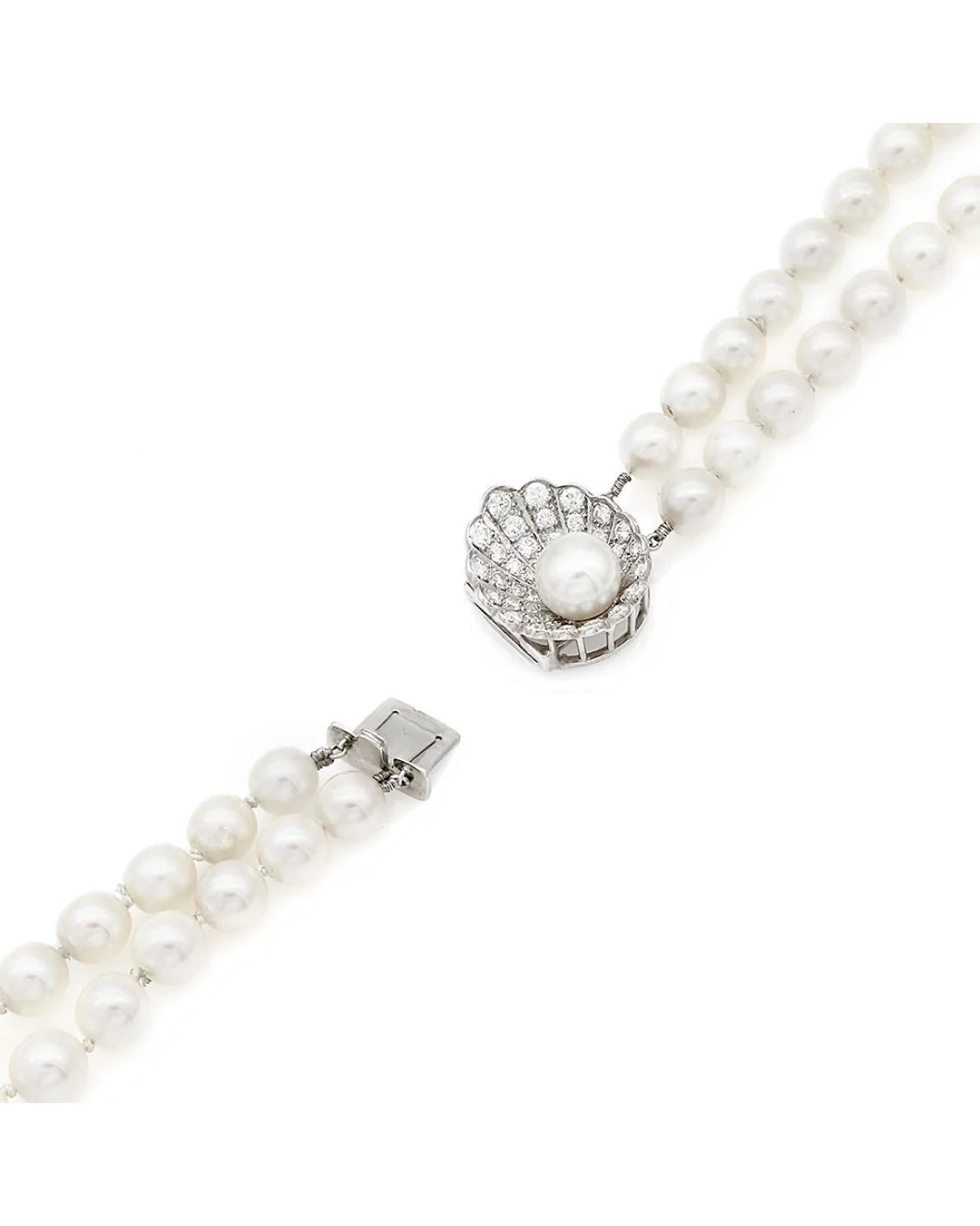 Double Strand Akoya Pearl Necklace with Diamond Shell Clasp - Image 2
