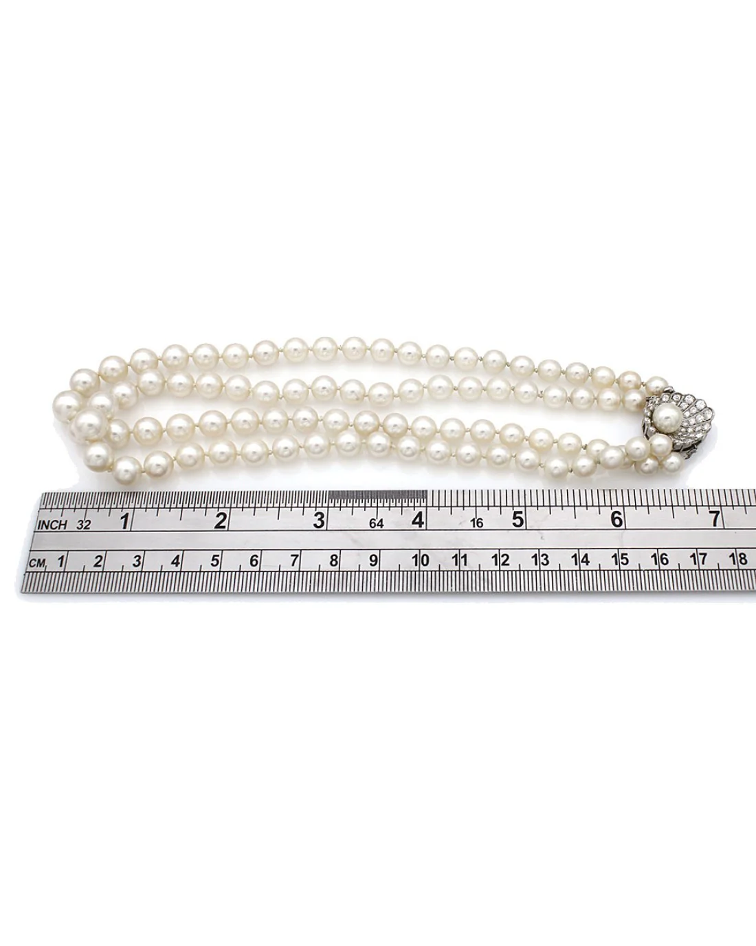 Double Strand Akoya Pearl Necklace with Diamond Shell Clasp - Image 3