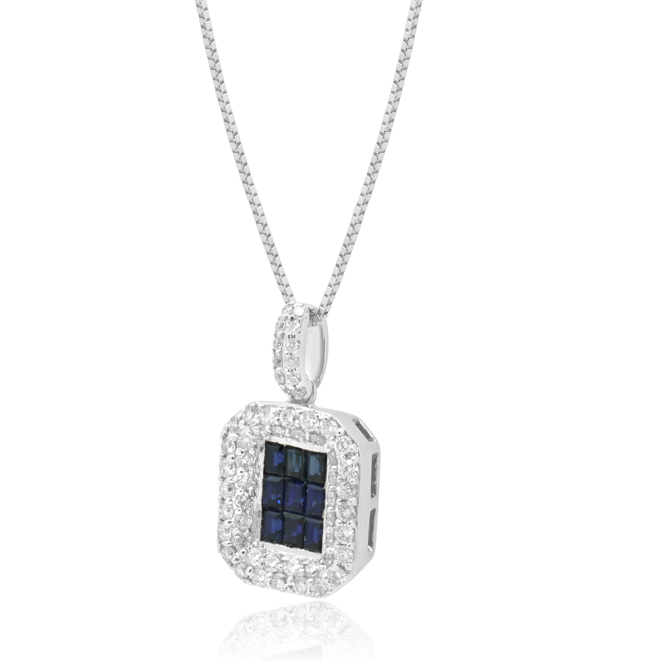 EFFY 14K White Gold Invisible Set Blue Sapphire and Pave Diamond Halo Pendant Necklace 18.0" - Image 2
