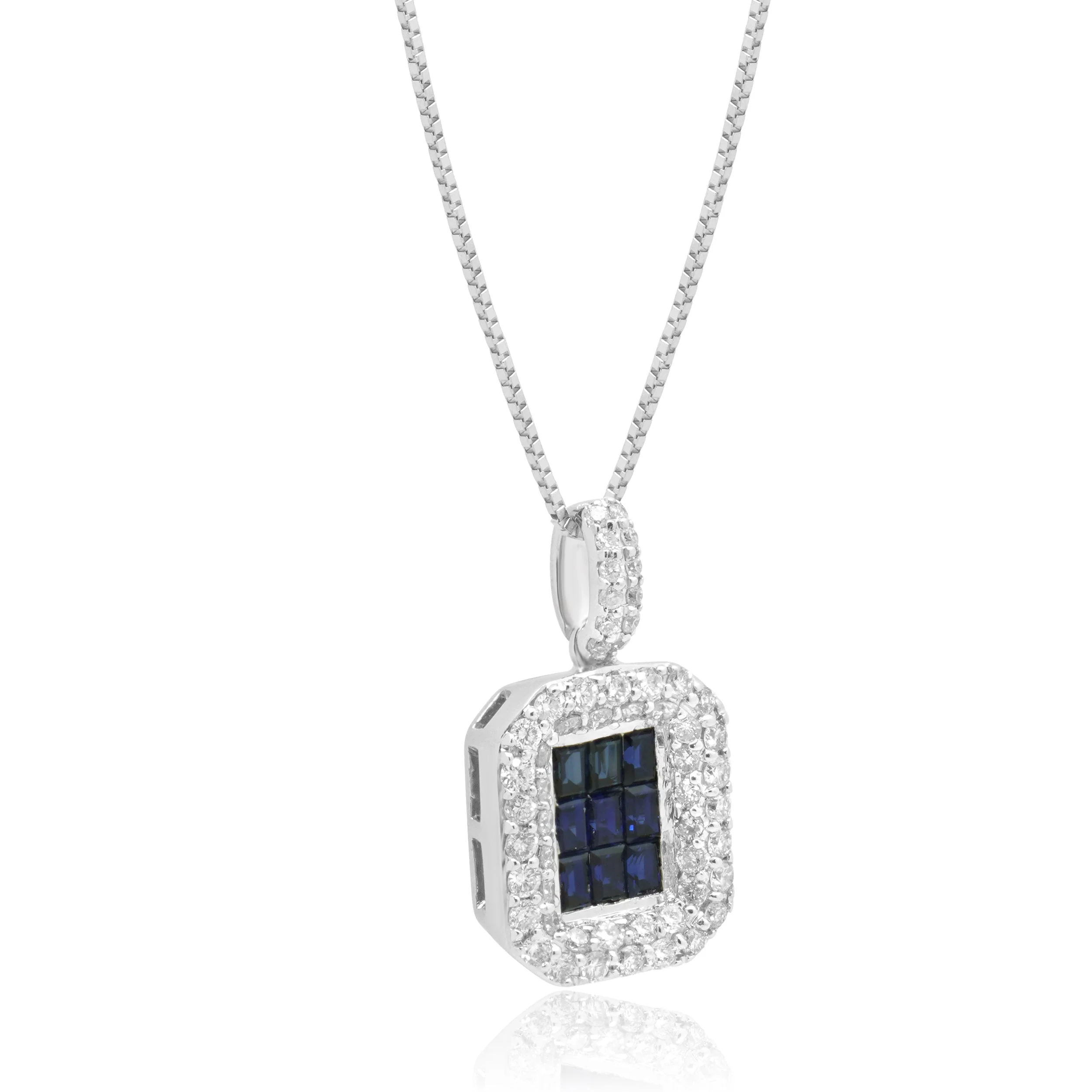 EFFY 14K White Gold Invisible Set Blue Sapphire and Pave Diamond Halo Pendant Necklace 18.0" - Image 3