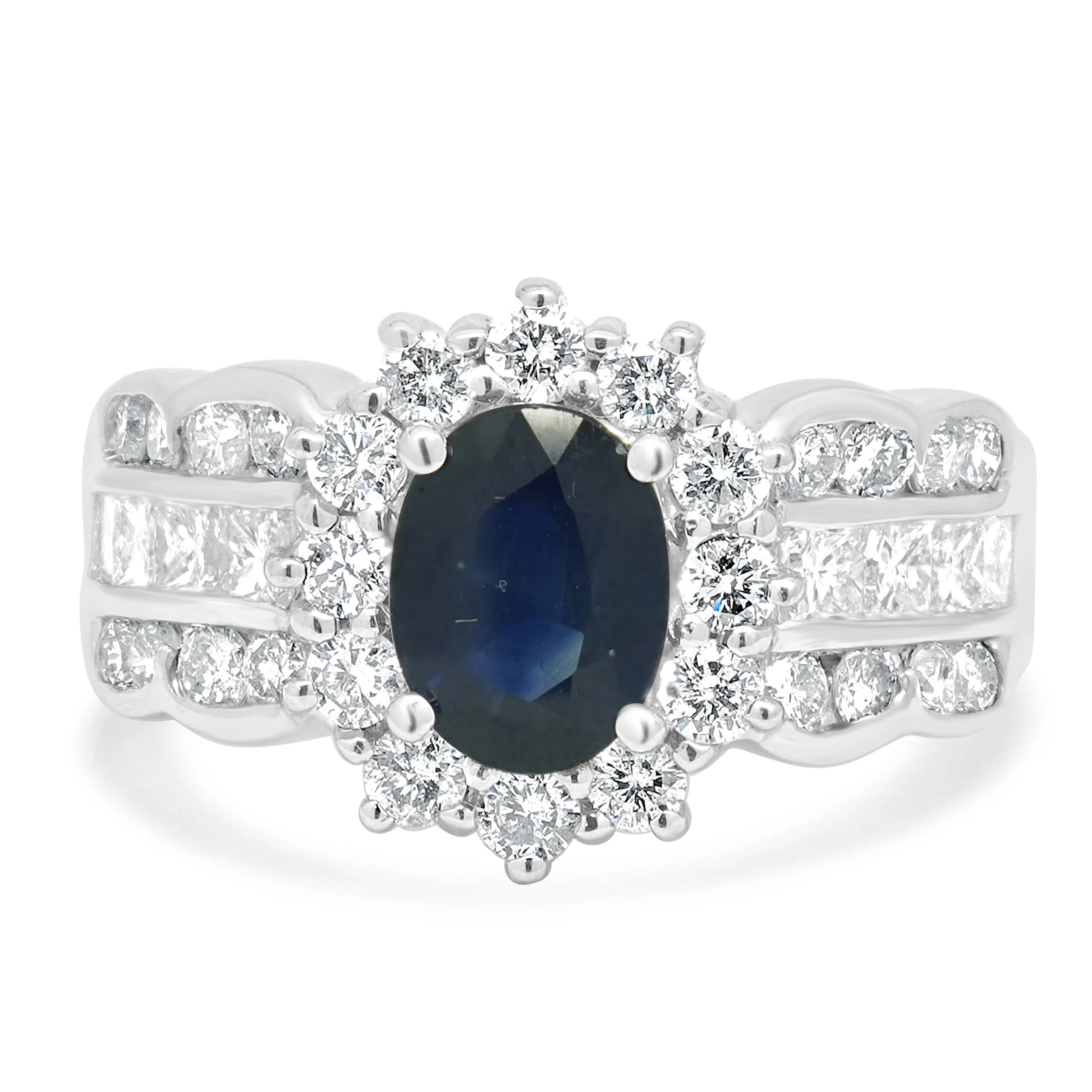 EFFY 14K White Gold Oval Blue Sapphire and Diamond Halo 3-Row Ring
