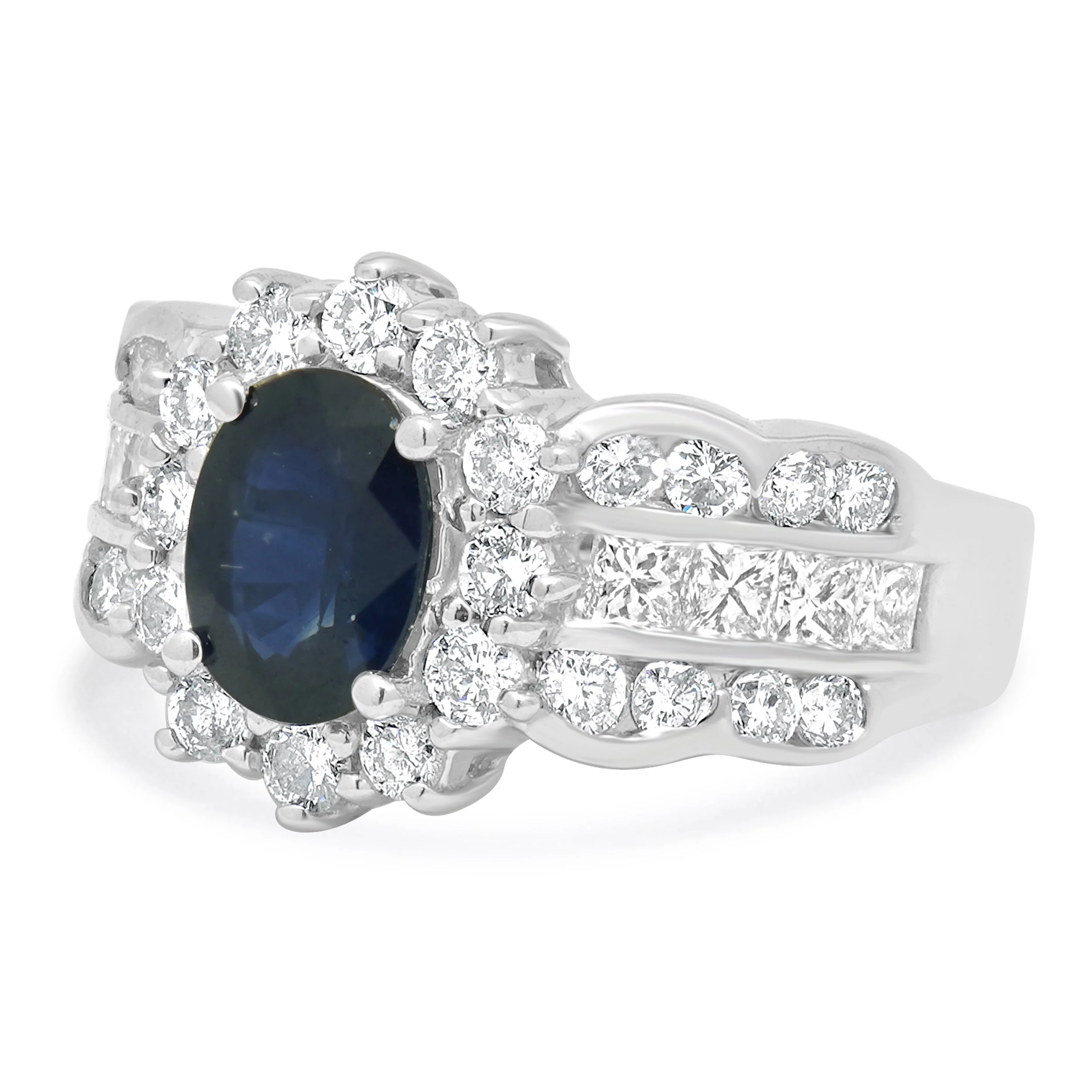 EFFY 14K White Gold Oval Blue Sapphire and Diamond Halo 3-Row Ring - Image 2