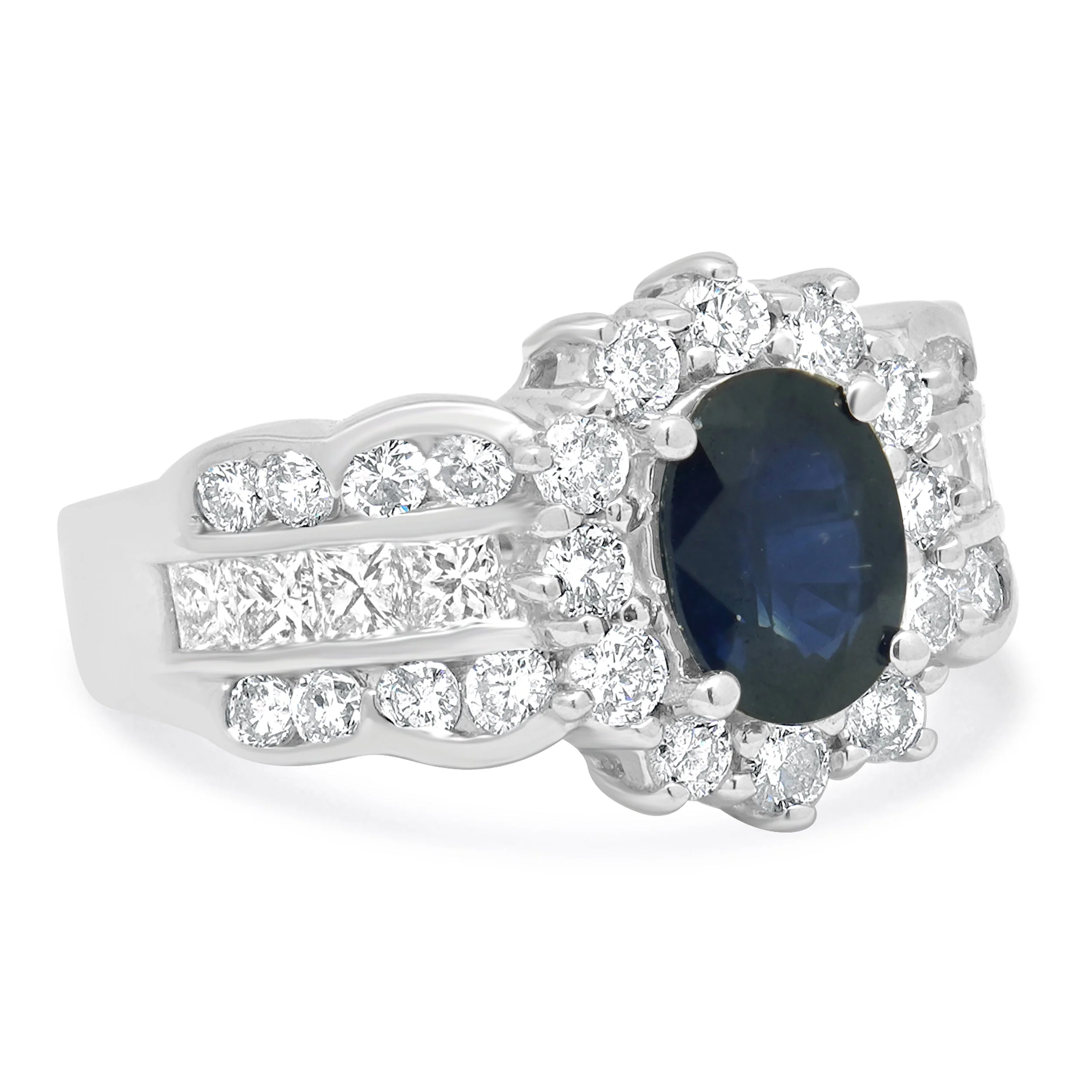 EFFY 14K White Gold Oval Blue Sapphire and Diamond Halo 3-Row Ring - Image 3