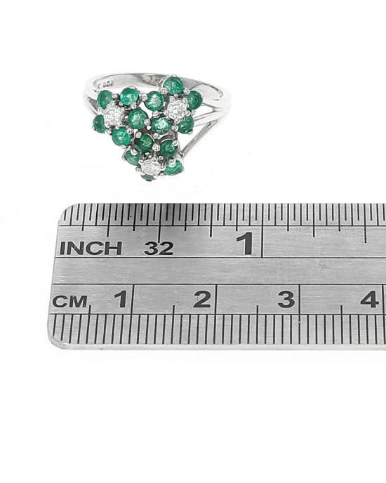 Emerald and Diamond Flower Cluster Ring in White Gold - Image 3