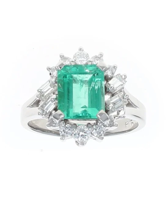 Emerald and Diamond Halo Ring in Platinum - Image 2