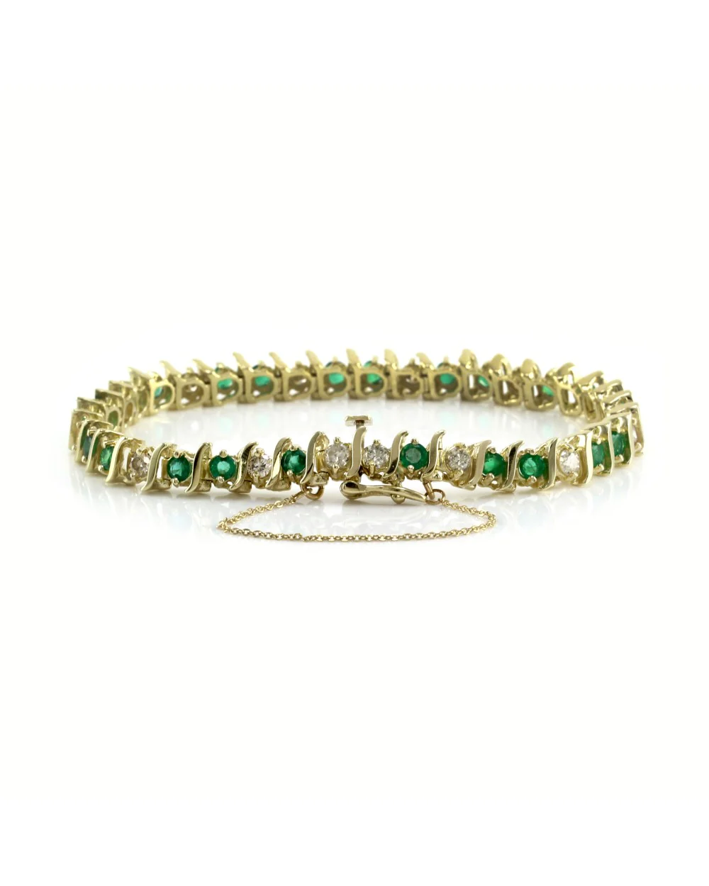 Emerald and Diamond S Link Inline Bracelet in Yellow Gold - Image 2