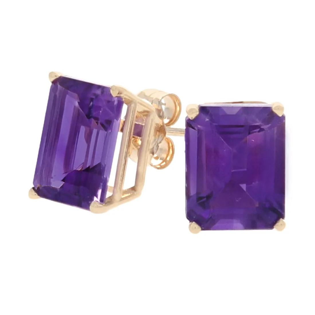 14K Yellow Gold Emerald Cut Amethyst Stud Earrings